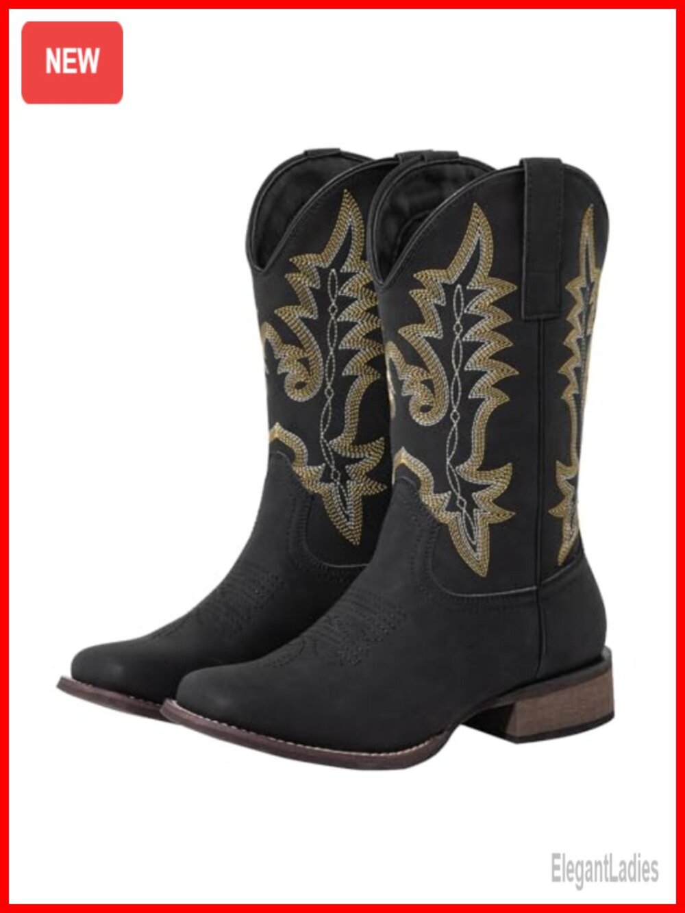 Square Toe Western Cowboy Boots Faux Leather Mid-Calf Block Heel